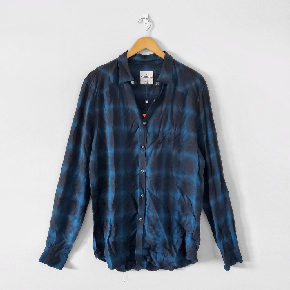 NWT YOUNGLA Men's Blue Plaid Snap Button Up Flannel Shirt